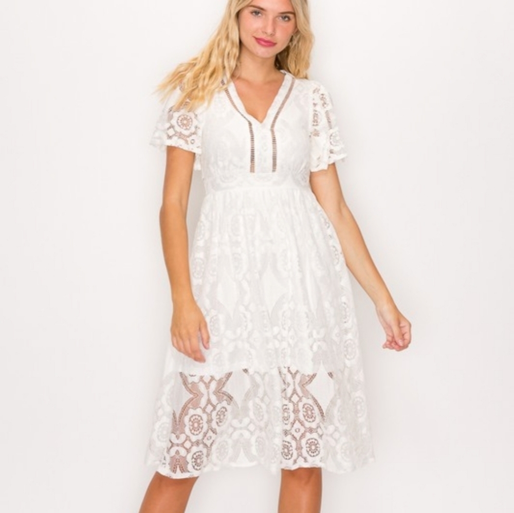 Midi White Dress Sheer Lace Overlay Knit Lining